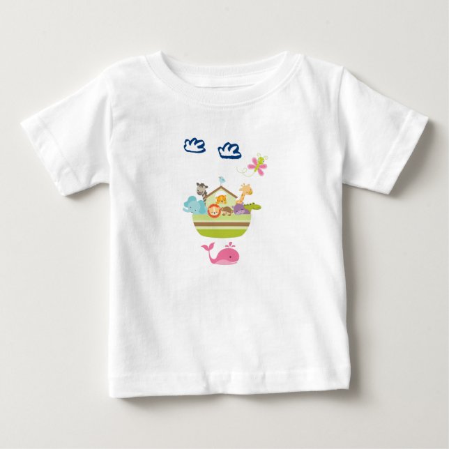 Cute Zoo Animal Ark with a Butterfly and Whale Baby T-Shirt (Front)