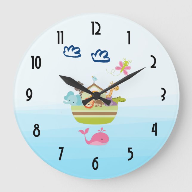 Cute Zoo Animal Ark with a Butterfly and Whale Large Clock (Front)