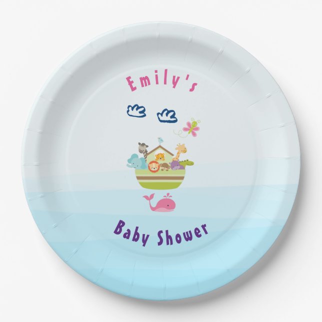 Cute Zoo Animal Ark with a Butterfly and Whale Paper Plates (Front)