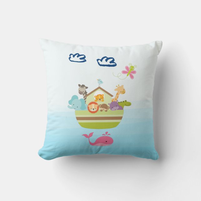Cute Zoo Animal Ark with a Butterfly and Whale Throw Pillow (Front)
