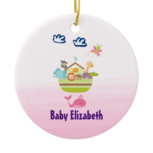 Cute Zoo Animal Ark with a Butterfly Pink Baby Ceramic Ornament