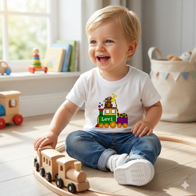 Cute Zoo Animals and Toy Train Baby T-shirt (Creator Uploaded)