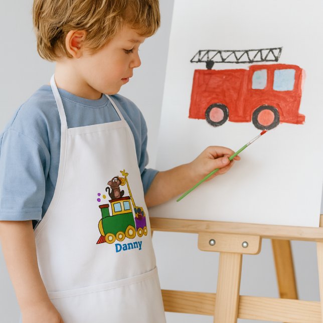 Cute Zoo Animals and Toy Train  Kids' Apron (Personalize Boys apron with name or other text.  This Apron features a choo choo train)