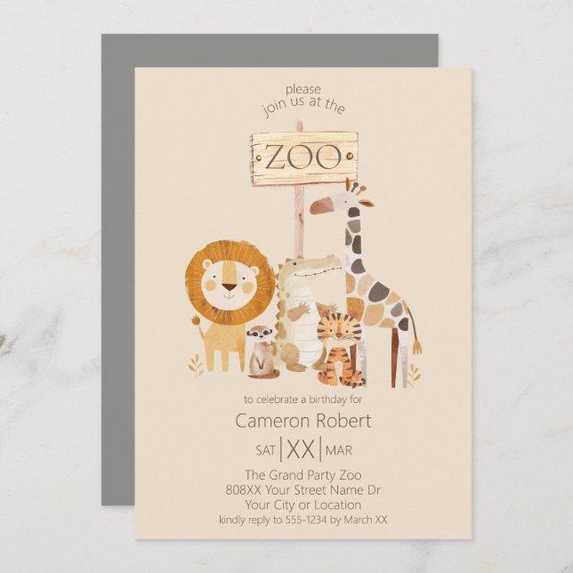 Cute Zoo Animals on Beige Invitation (Front/Back)