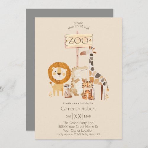 Cute Zoo Animals on Beige Invitation