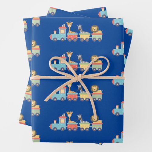 Cute Zoo Animals on Toy Train Lion Giraffe Zebra Wrapping Paper Sheets