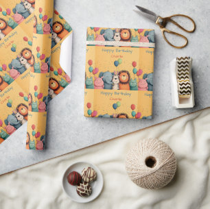 Cute Zoo Animals Party with Balloons and Confetti Wrapping Paper