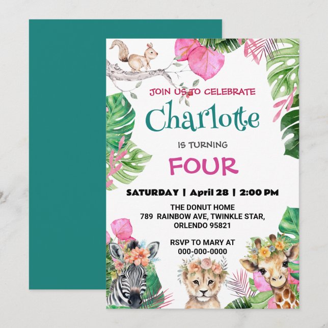 Cute Zoo jungle Animals Birthday Floral  Invitation (Front/Back)