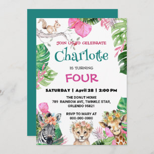 Cute Zoo jungle Animals Birthday Floral Invitation