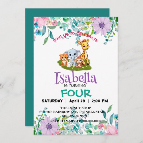 Cute Zoo jungle Animals Birthday party Flower kids Invitation