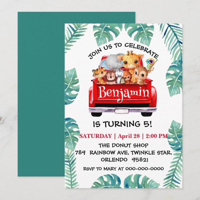 Cute Zoo jungle farm truck tractor boy Birthday  Invitation (Front/Back)