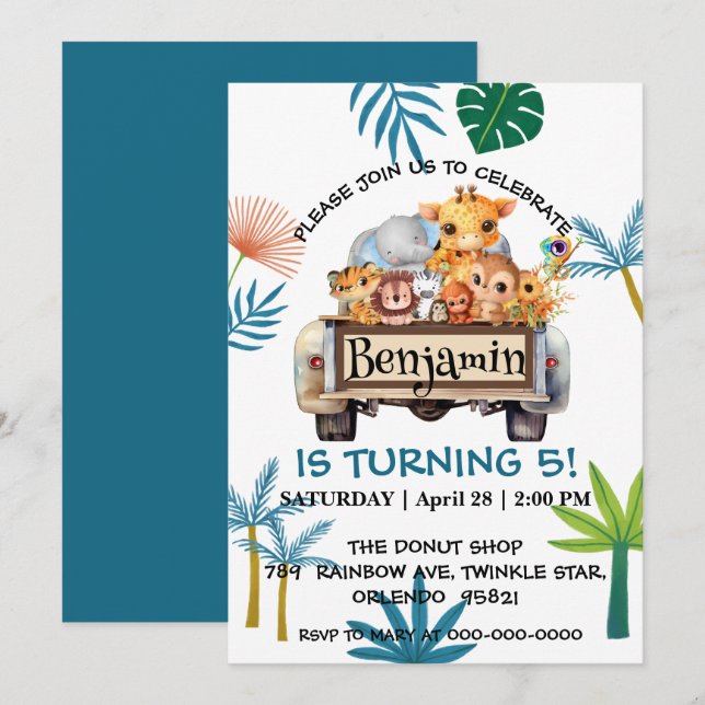 Cute Zoo jungle farm truck tractor boy Birthday  Invitation (Front/Back)