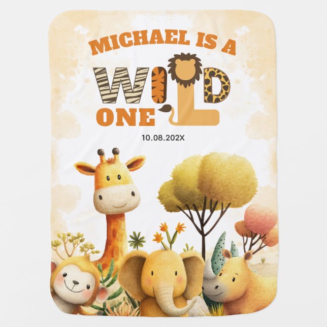 Cute ZOO Safari Animals  WILD ONE 1st Birthday Baby Blanket (Front)