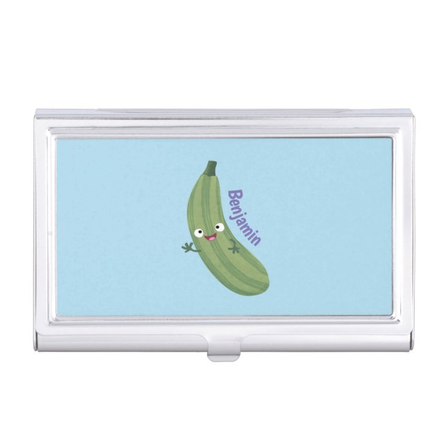 Cute zucchini happy cartoon illustration business card case (Front)