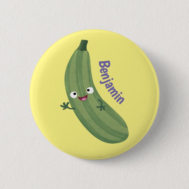 Cute zucchini happy cartoon illustration button (Front)