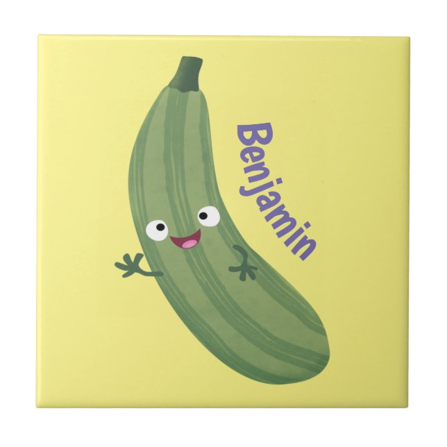 Cute zucchini happy cartoon illustration ceramic tile (Front)