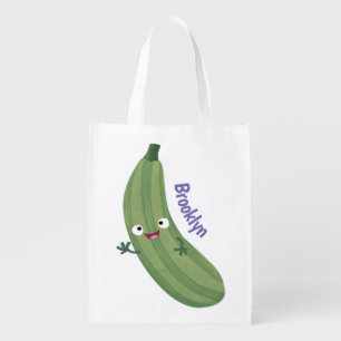 Cute zucchini happy cartoon illustration grocery bag