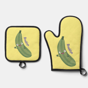 Cute zucchini happy cartoon illustration oven mitt & pot holder set
