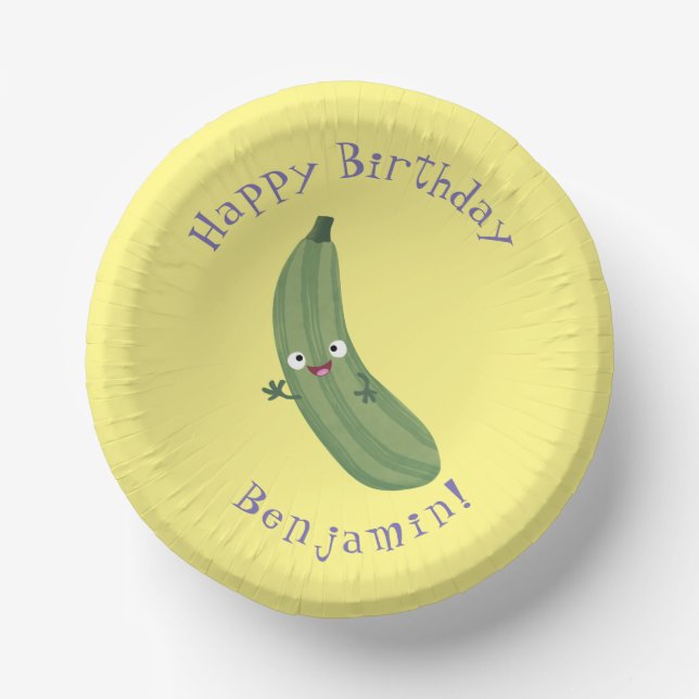 Cute zucchini happy cartoon illustration paper bowls (Front)
