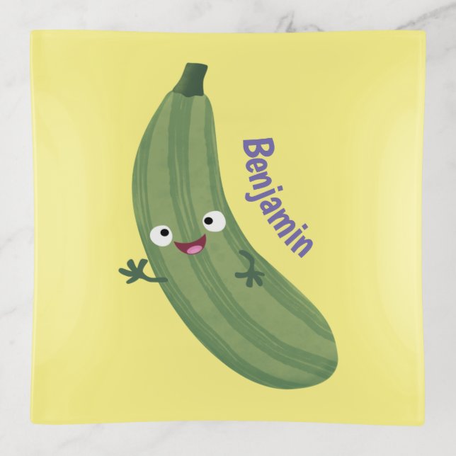 Cute zucchini happy cartoon illustration trinket tray (Front)