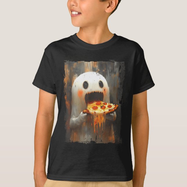 Cute Zza Ghost Eating Zza Funny Halloween Food Lov T-Shirt (Front)