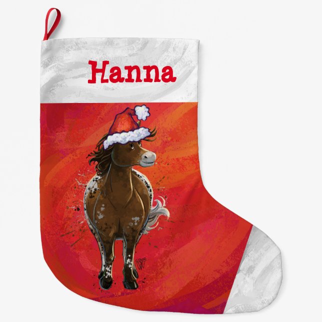 CuteAppaloosa Horse in Santa Hat on Red Large Christmas Stocking (Front)