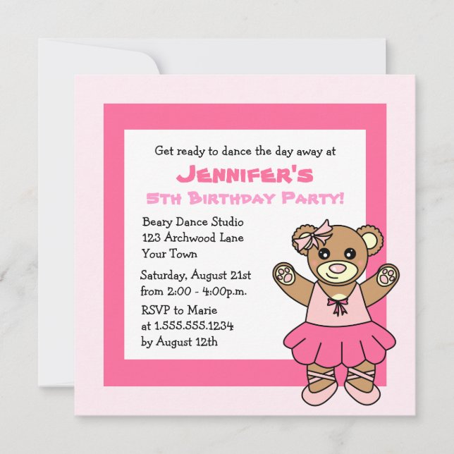 CuteBallet Teddy Bear Theme Party Invitation (Front)