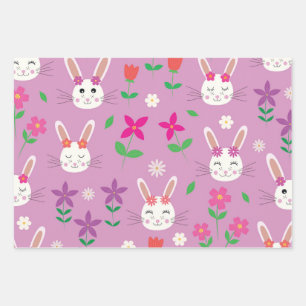 CuteEaster bunnies with Pink Orange Purple Flower Wrapping Paper Sheets