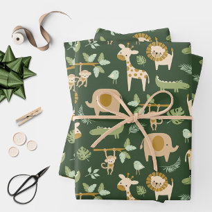 CuteJungle Animals on Dark Green Background Wrapping Paper Sheets