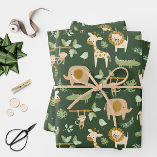 CuteJungle Animals on Dark Green Background Wrapping Paper Sheets