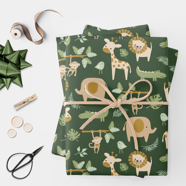 CuteJungle Animals on Dark Green Background Wrapping Paper Sheets (Creator Uploaded)