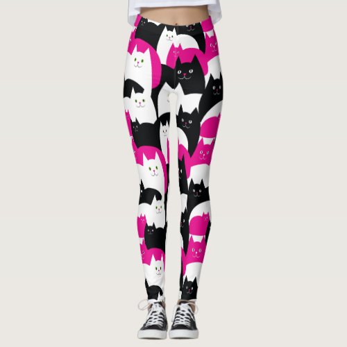 CuteKitty Cat Pattern in Black White and Hot Pink Leggings