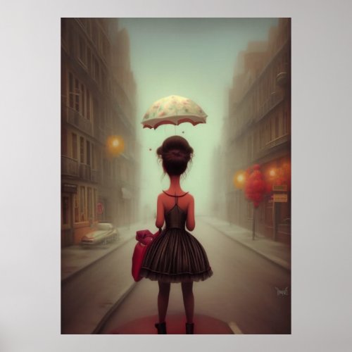 CuteLittle girl walking home from school  umbrella Poster