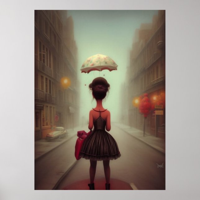CuteLittle girl walking home from school  umbrella Poster (Front)
