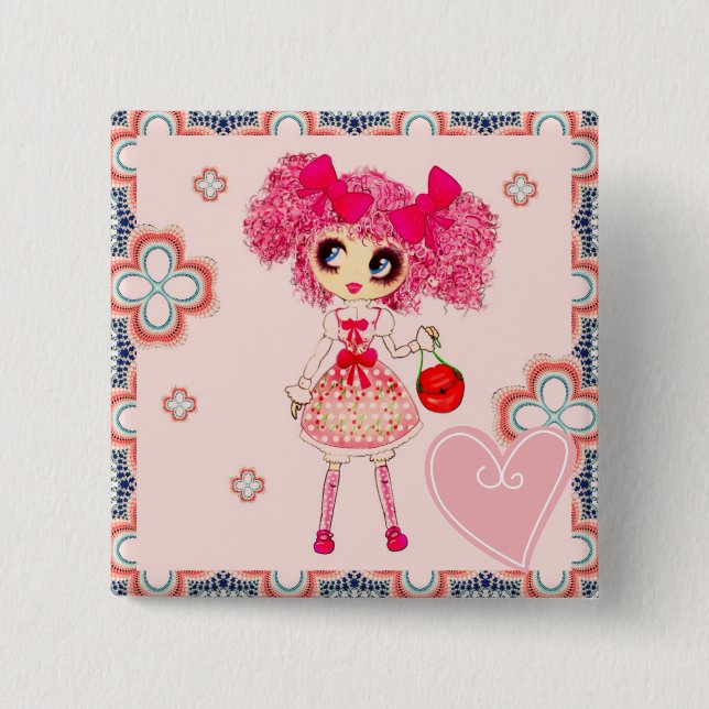 CutePpretty Girly PinkyP Pink Kawaii Girl by LeahG Button (Front)