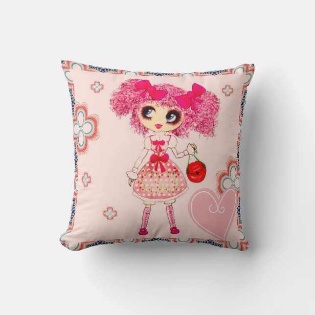 CutePpretty Girly PinkyP Pink Kawaii Girl by LeahG Throw Pillow (Front)
