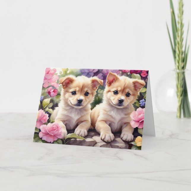 Cuter Puppies in the Flower Garden Watercolor  Card (Front)