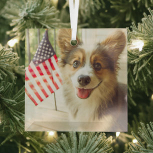Cutest Baby Animals American Flag Corgi Glass Ornament