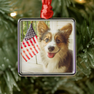 Cutest Baby Animals American Flag Corgi Metal Ornament