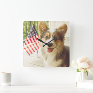 Cutest Baby Animals American Flag Corgi Square Wall Clock