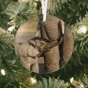 Cutest Baby Animals Baby Elephant & Mama Glass Ornament