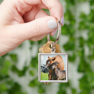 Cutest Baby Animals Black Foal with Mom Keychain