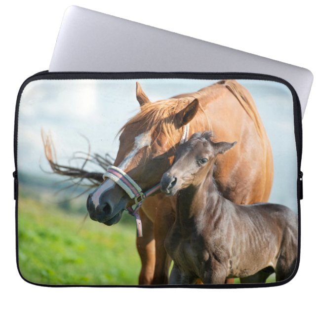 Cutest Baby Animals | Black Foal with Mom Laptop Sleeve (Front)