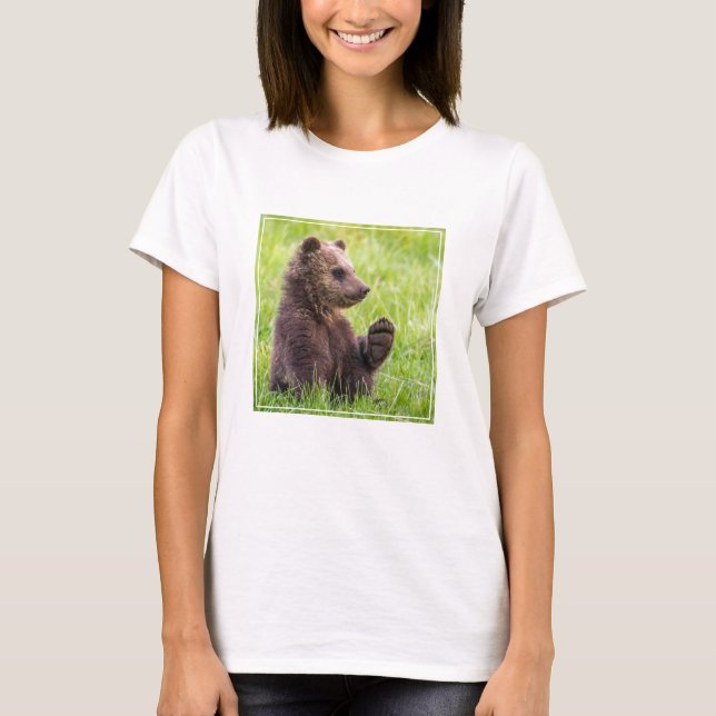 Cutest Baby Animals | Brown Bear Cub Wave T-Shirt (Front)