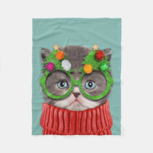 Cutest Baby Animals  Cat Christmas Sweater Fleece Blanket