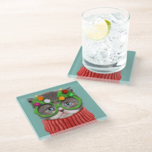 Cutest Baby Animals  Cat Christmas Sweater Glass Coaster