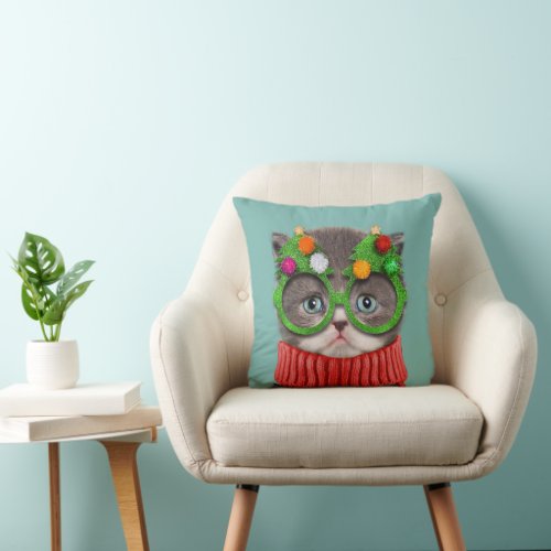 Cutest Baby Animals  Cat Christmas Sweater Throw Pillow