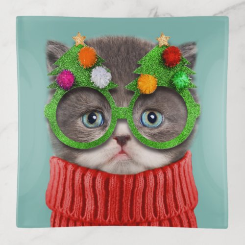 Cutest Baby Animals  Cat Christmas Sweater Trinket Tray