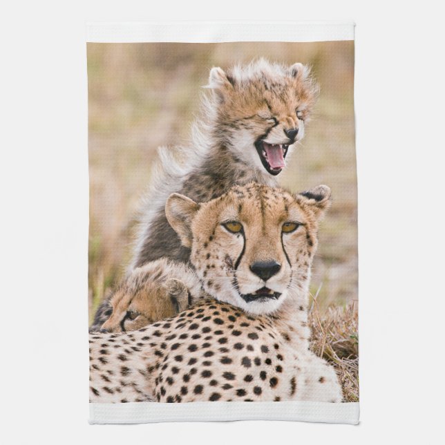 Cutest Baby Animals | Cheetah Cat & Cub Kitchen Towel (Vertical)