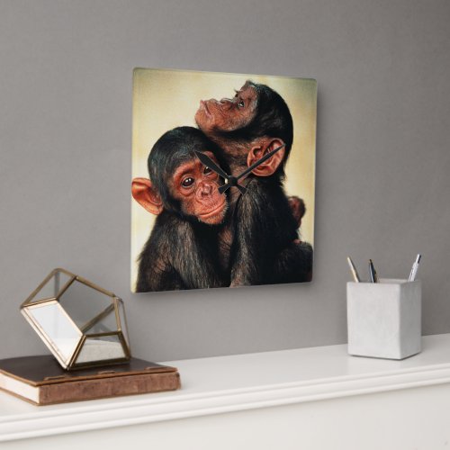 Cutest Baby Animals  Chimpanzee Hug Square Wall Clock
